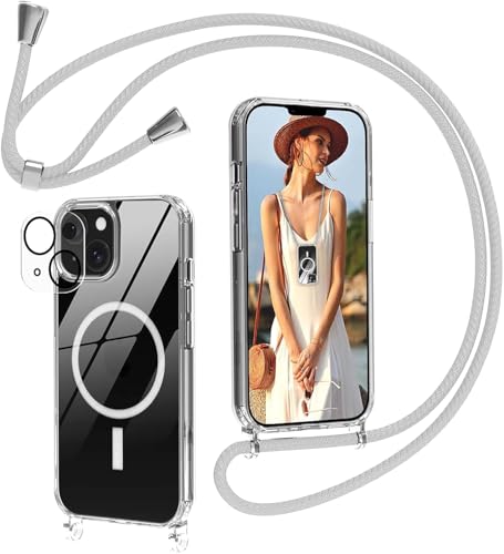 Nupcknn für iPhone 14 Hülle mit Band MagSafe+1*kameraschutz Glas,Magnetische Handykette Transparent Handyhülle (Abnehmbar) Necklace mit Kordel zum Handy Kette Stossfest Schutzhülle von Nupcknn