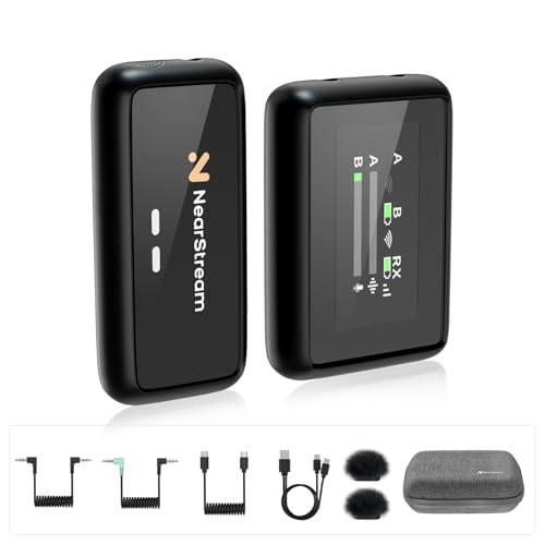 NearStream AWM20D Lavalier Mikrofon Wireless mit Geräuschunterdrückung, HD LCD-Bildschirm/200m Übertragung/7H Laufzeit, Ultrakompaktes Ansteckmikrofon Kabellos für Kamera/Handy/PC Streaming/Vlogging von Nuroum
