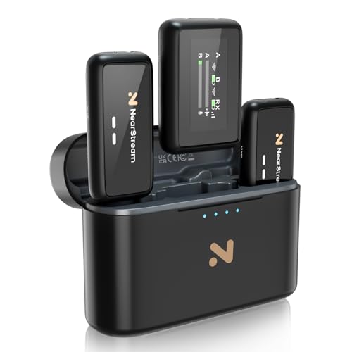 NearStream AWM20T Lavalier Mikrofon Wireless mit Geräuschunterdrückung/Anzeige, 200m Übertragung/7H Laufzeit, Ultrakompaktes Dual-Kanal Ansteckmikrofon Kabellos für Kamera/Handy/PC Streaming/Vlogging von Nuroum
