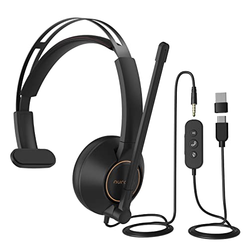 Nuroum HP11-SU USB Headset mit Mikrofon, Kabelgebundene Einzel-Ohr (Mono) Headset mit Komfort, USB-A/Typ-C/3,5-mm Anschluss an PC/Mac, Funktioniert mit Zoom/Teams für Anruf/Telefonat/Konferenz von Nuroum