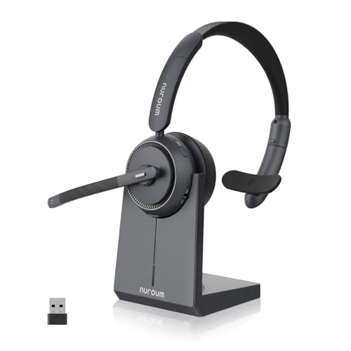 Nuroum HP31S Bluetooth Headset mit Mikrofon Wireless (Mono), AI Rauschunterdrückung für Anrufe/V5.3/45H Laufzeit, Kabelloses Headset mit Ladestation/USB Dongle/Mute, für Callcenter/Auto/LKW, PC/Handy von Nuroum