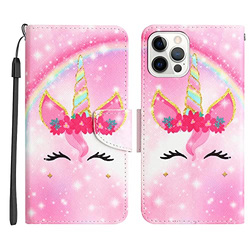 Nuxiady Handyhülle für iPhone 12 / iPhone 12 Pro Hülle, Muster Leder Klapphülle mit 360 Grad Klappbar Lederhülle Schutzhülle Etui Flip Case Stoßfest Silikon Motiv Cover Tasche, Regenbogen-Einhorn von Nuxiady