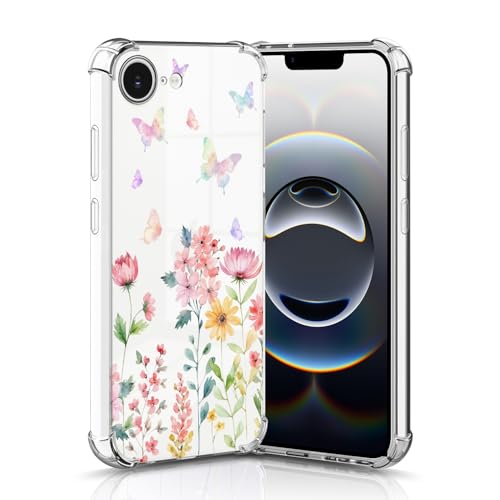 Nuxiady Hülle für iPhone 16e Silikon Transparent Handyhülle Dünne Bumper schutzhülle Stoßfeste Kratzfestes Blume Case Weiche Cover Kompatibel mit iPhone 16e, Blume Schmetterling von Nuxiady