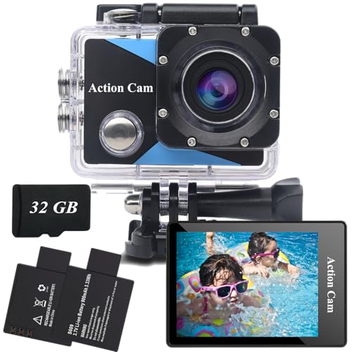 Nvgfelis Action Cam FHD 1080P mit 32GB Speicherkarte, Unterwasserkamera wasserdicht bis 30M, Actionkamera mit 2×900 mAh wiederaufladbare Akkus und Zubehör-Set von Nvgfelis