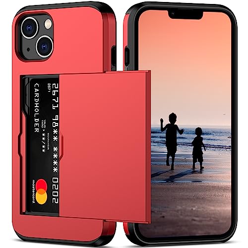 Nvollnoe Schutzhülle für iPhone 14 mit Kartenhalter, strapazierfähig, schützend, doppellagig, stoßfest, versteckter Kartenschlitz, schlanke Brieftaschen-Hülle für iPhone 14 für Damen und Herren (rot) von Nvollnoe