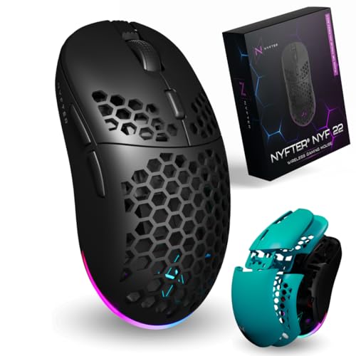 Nyfter - NYF22 Türkis-Black Wireless Gaming Gen2 Mouse Ultraleicht 75g leistungsstark mit 400mA 19K DPI, 400 IPS 1000 hz 50h Akkulaufzeit langlebig Zwei wechselbare Cases inkl. von Nyfter