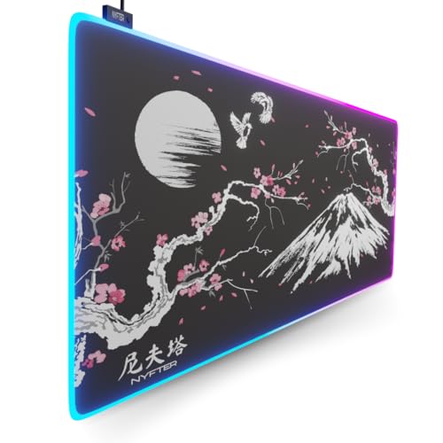 Nyfter - XXL Gaming Mauspad Sakura Weiß 900 x 500mm Premium Fuji Mousepad Size Groß vernähte Kanten langlebig mit high-end Glide und Anti-Rutsch Speed Gaming Mauspad (Premium Sakura Black RGB) von Nyfter