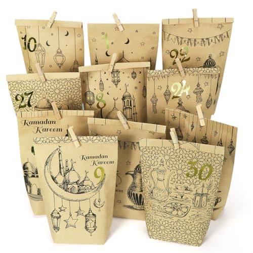 DIY Ramadan Kalender zum Befüllen, 30 Bedruckte Kraftpapiertüten, Eid Mubarak Tüten, Ramadan Geschenktüten, Ramadankalender Tüten, Geschenktüten Ramadan Dekoration Set Wiederverwendbar DIY Ramadan Kalender zum Befüllen, 30 Bedruckte Kraftpapiertüten, Eid Mubarak Tüten, Ramadan Geschenktüten, Ramadankalender Tüten, Geschenktüten Ramadan Dekoration Set Wiederverwendbar von O-Kinee