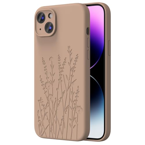 OAOA Magnetische Gravierte Hülle Kompatibel mit iPhone 14 Hülle, Kompatibel mit Magsafe, Kamera Rundumschutz, Schlanke Flüssigsilikon Handyhülle für Frauen Mädchen, Hellbraune Blume von OAOA