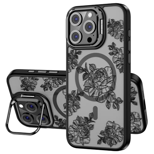 OAOA Magnetische Schutzhülle für iPhone 15 Pro, mit Ständer, kompatibel mit Magsafe, eingebauter Kameraständer und Schutz, militärischer Schutz, TPU-Hülle für Damen und Mädchen, Schwarz mit von OAOA