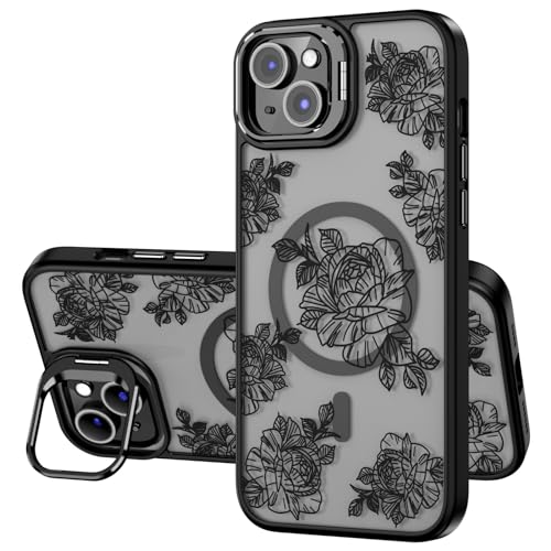 OAOA Magnetische Schutzhülle kompatibel mit iPhone 15, mit Ständer, kompatibel mit Magsafe, eingebauter Kameraständer und Schutz, militärischer Schutz, TPU-Hülle für Frauen, Schwarz mit Blumenmuster von OAOA