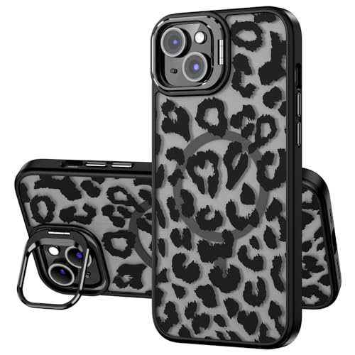 OAOA Magnetische Schutzhülle kompatibel mit iPhone 15, mit Ständer, kompatibel mit Magsafe, eingebauter Kameraständer und Schutz, militärischer Schutz, TPU-Hülle für Frauen, schwarzer Leopard von OAOA