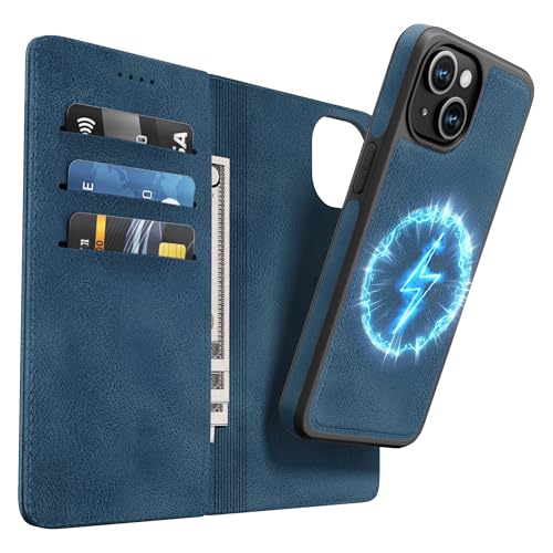 OASISBLUE iPhone 13 Hülle,[2 in 1 Magnetisch Abnehmbar] Kabelloses Laden Kompatibel Stoßfest Schutzhülle Lederhülle Klapphülle Handyhülle für iPhone 13 - blau von OASISBLUE