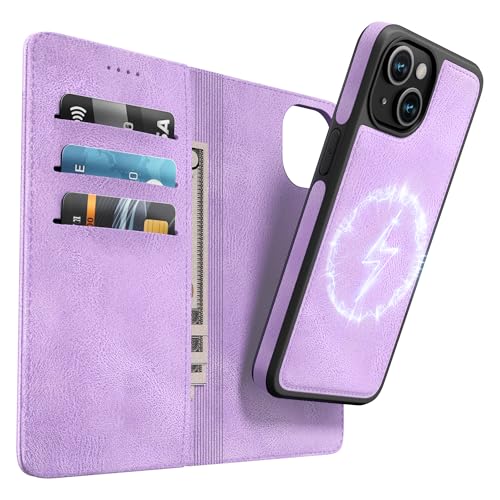 OASISBLUE iPhone 13 Hülle,[2 in 1 Magnetisch Abnehmbar] Kabelloses Laden Kompatibel Stoßfest Schutzhülle Lederhülle Klapphülle Handyhülle für iPhone 13 - lila von OASISBLUE