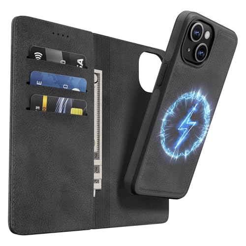 OASISBLUE iPhone 13 Hülle,[2 in 1 Magnetisch Abnehmbar] Kabelloses Laden Kompatibel Stoßfest Schutzhülle Lederhülle Klapphülle Handyhülle für iPhone 13 - schwarz von OASISBLUE