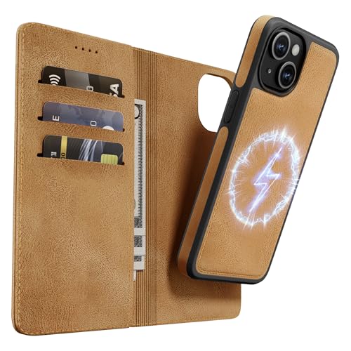OASISBLUE iPhone 15 Hülle,[2 in 1 Magnetisch Abnehmbar] Kabelloses Laden Kompatibel Stoßfest Schutzhülle Lederhülle Klapphülle Handyhülle für iPhone 15 - braun von OASISBLUE