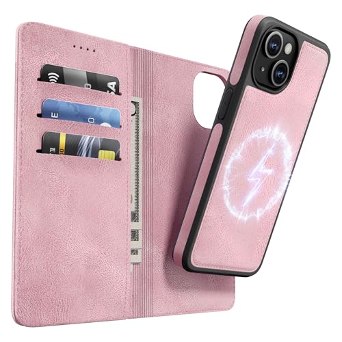 OASISBLUE iPhone 15 Hülle,[2 in 1 Magnetisch Abnehmbar] Kabelloses Laden Kompatibel Stoßfest Schutzhülle Lederhülle Klapphülle Handyhülle für iPhone 15 - rosa von OASISBLUE