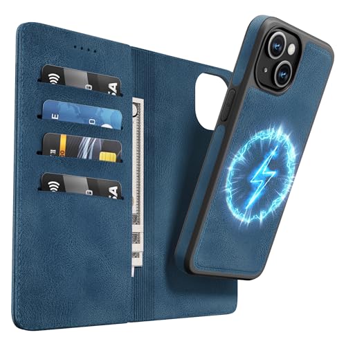 OASISBLUE iPhone 15 Plus Hülle,[2 in 1 Magnetisch Abnehmbar] Kabelloses Laden Kompatibel Stoßfest Schutzhülle Lederhülle Klapphülle Handyhülle für iPhone 15 Plus - blau von OASISBLUE