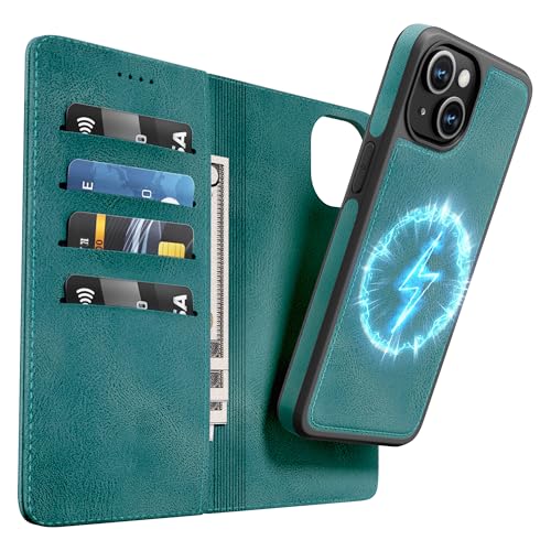 OASISBLUE iPhone 15 Plus Hülle,[2 in 1 Magnetisch Abnehmbar] Kabelloses Laden Kompatibel Stoßfest Schutzhülle Lederhülle Klapphülle Handyhülle für iPhone 15 Plus - blaugrün von OASISBLUE