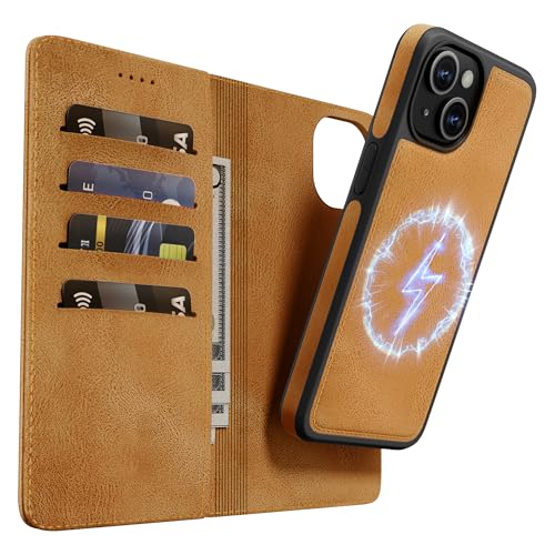 OASISBLUE iPhone 15 Plus Hülle,[2 in 1 Magnetisch Abnehmbar] Kabelloses Laden Kompatibel Stoßfest Schutzhülle Lederhülle Klapphülle Handyhülle für iPhone 15 Plus - braun von OASISBLUE