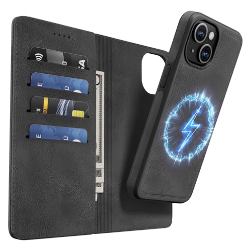 OASISBLUE iPhone 15 Plus Hülle,[2 in 1 Magnetisch Abnehmbar] Kabelloses Laden Kompatibel Stoßfest Schutzhülle Lederhülle Klapphülle Handyhülle für iPhone 15 Plus - schwarz von OASISBLUE
