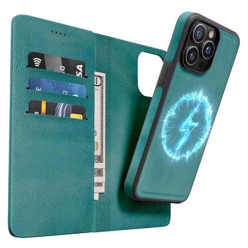 OASISBLUE iPhone 15 Pro Hülle,[2 in 1 Magnetisch Abnehmbar] Kabelloses Laden Kompatibel Stoßfest Schutzhülle Lederhülle Klapphülle Handyhülle für iPhone 15 Pro - blaugrün von OASISBLUE