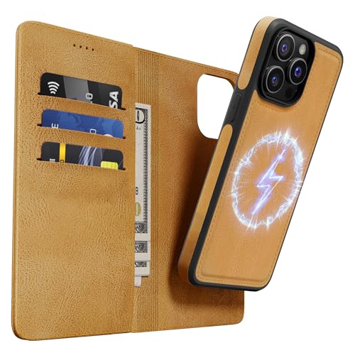 OASISBLUE iPhone 15 Pro Hülle,[2 in 1 Magnetisch Abnehmbar] Kabelloses Laden Kompatibel Stoßfest Schutzhülle Lederhülle Klapphülle Handyhülle für iPhone 15 Pro - braun von OASISBLUE