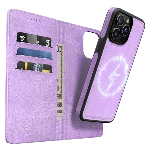 OASISBLUE iPhone 15 Pro Hülle,[2 in 1 Magnetisch Abnehmbar] Kabelloses Laden Kompatibel Stoßfest Schutzhülle Lederhülle Klapphülle Handyhülle für iPhone 15 Pro - lila von OASISBLUE
