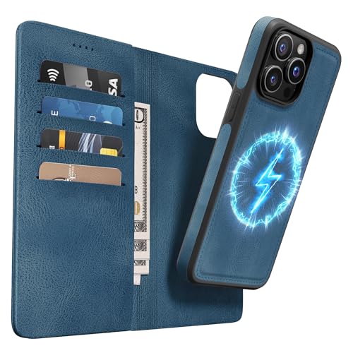 OASISBLUE iPhone 15 Pro Max Hülle,[2 in 1 Magnetisch Abnehmbar] Kabelloses Laden Kompatibel Stoßfest Schutzhülle Lederhülle Klapphülle Handyhülle für iPhone 15 Pro Max - blau von OASISBLUE