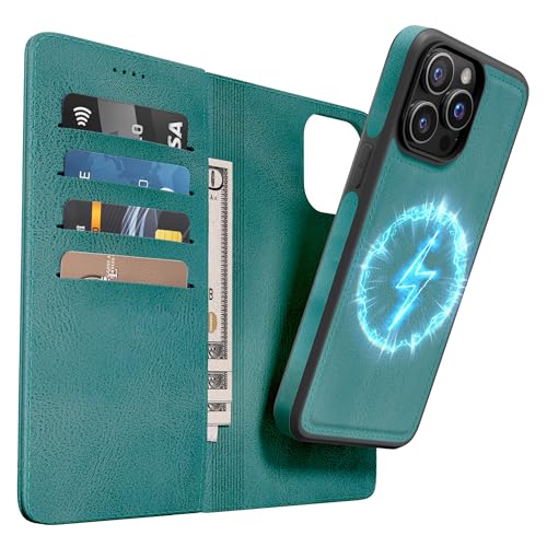 OASISBLUE iPhone 15 Pro Max Hülle,[2 in 1 Magnetisch Abnehmbar] Kabelloses Laden Kompatibel Stoßfest Schutzhülle Lederhülle Klapphülle Handyhülle für iPhone 15 Pro Max - blaugrün von OASISBLUE