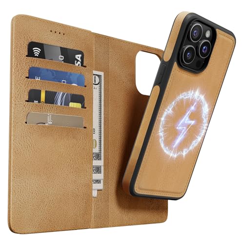 OASISBLUE iPhone 15 Pro Max Hülle,[2 in 1 Magnetisch Abnehmbar] Kabelloses Laden Kompatibel Stoßfest Schutzhülle Lederhülle Klapphülle Handyhülle für iPhone 15 Pro Max - braun von OASISBLUE