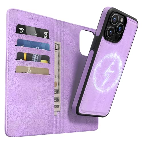 OASISBLUE iPhone 15 Pro Max Hülle,[2 in 1 Magnetisch Abnehmbar] Kabelloses Laden Kompatibel Stoßfest Schutzhülle Lederhülle Klapphülle Handyhülle für iPhone 15 Pro Max - lila von OASISBLUE