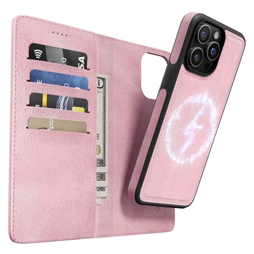 OASISBLUE iPhone 15 Pro Max Hülle,[2 in 1 Magnetisch Abnehmbar] Kabelloses Laden Kompatibel Stoßfest Schutzhülle Lederhülle Klapphülle Handyhülle für iPhone 15 Pro Max - rosa von OASISBLUE