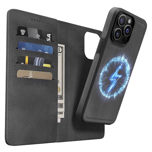 OASISBLUE iPhone 15 Pro Max Hülle,[2 in 1 Magnetisch Abnehmbar] Kabelloses Laden Kompatibel Stoßfest Schutzhülle Lederhülle Klapphülle Handyhülle für iPhone 15 Pro Max - schwarz von OASISBLUE
