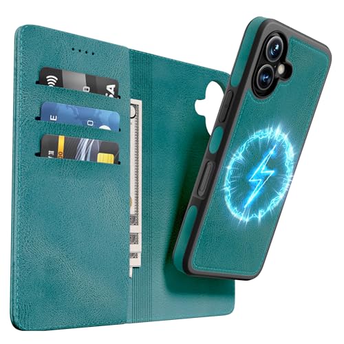 OASISBLUE iPhone 16 Hülle,[2 in 1 Magnetisch Abnehmbar] Kabelloses Laden Kompatibel Stoßfest Schutzhülle Lederhülle Klapphülle Handyhülle für iPhone 16 - blaugrün von OASISBLUE