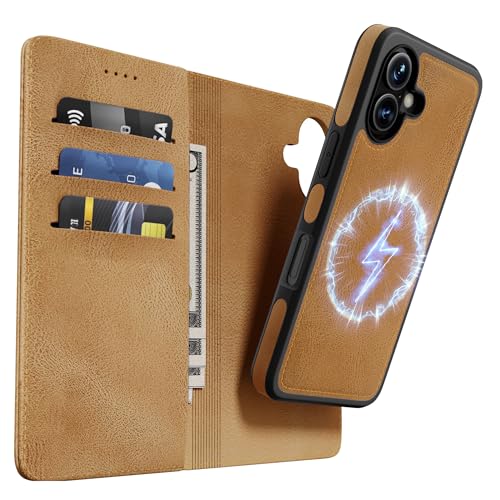 OASISBLUE iPhone 16 Hülle,[2 in 1 Magnetisch Abnehmbar] Kabelloses Laden Kompatibel Stoßfest Schutzhülle Lederhülle Klapphülle Handyhülle für iPhone 16 - braun von OASISBLUE
