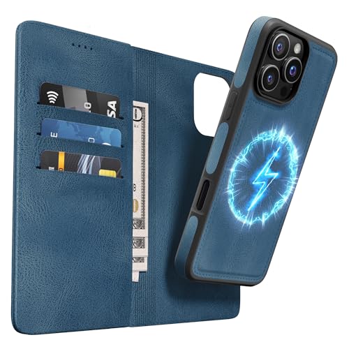 OASISBLUE iPhone 16 Pro Hülle,[2 in 1 Magnetisch Abnehmbar] Kabelloses Laden Kompatibel Stoßfest Schutzhülle Lederhülle Klapphülle Handyhülle für iPhone 16 Pro - blau von OASISBLUE