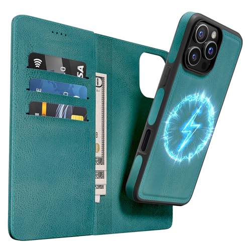 OASISBLUE iPhone 16 Pro Hülle,[2 in 1 Magnetisch Abnehmbar] Kabelloses Laden Kompatibel Stoßfest Schutzhülle Lederhülle Klapphülle Handyhülle für iPhone 16 Pro - blaugrün von OASISBLUE