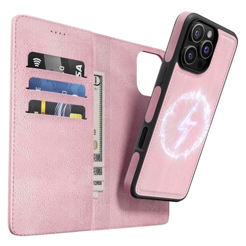 OASISBLUE iPhone 16 Pro Hülle,[2 in 1 Magnetisch Abnehmbar] Kabelloses Laden Kompatibel Stoßfest Schutzhülle Lederhülle Klapphülle Handyhülle für iPhone 16 Pro - rosa von OASISBLUE