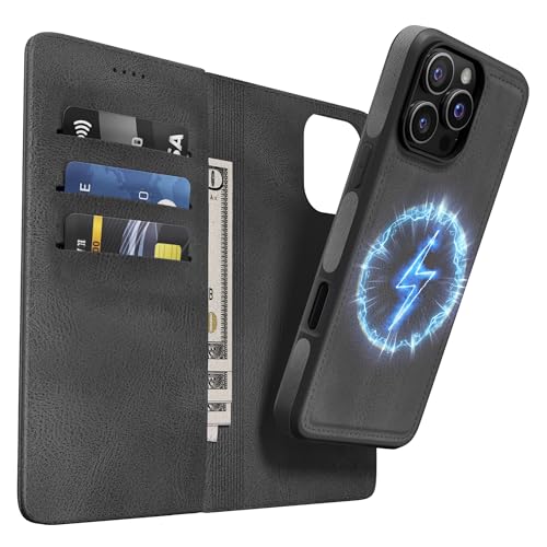 OASISBLUE iPhone 16 Pro Hülle,[2 in 1 Magnetisch Abnehmbar] Kabelloses Laden Kompatibel Stoßfest Schutzhülle Lederhülle Klapphülle Handyhülle für iPhone 16 Pro - schwarz von OASISBLUE
