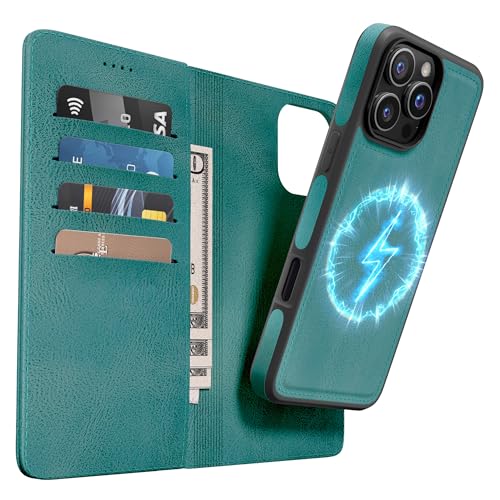 OASISBLUE iPhone 16 Pro Max Hülle,[2 in 1 Magnetisch Abnehmbar] Kabelloses Laden Kompatibel Stoßfest Schutzhülle Lederhülle Klapphülle Handyhülle für iPhone 16 Pro Max - blaugrün von OASISBLUE