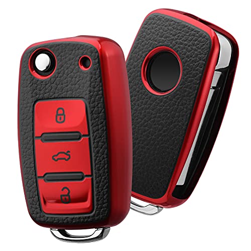 OATSBASF Autoschlüssel Hülle VW, VW Golf Schlüsselbox, Schlüsselhülle Cover für vw Polo Passat Skoda Seat 3-Tasten (P-Rot) von OATSBASF