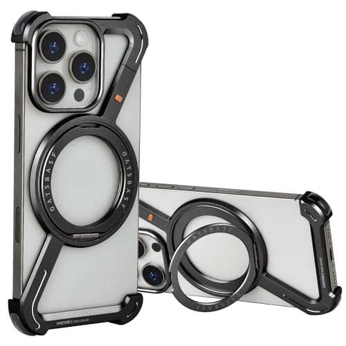 OATSBASF Minimalistische iPhone 16 Pro Max-Hülle (6,9 Zoll) – 360° drehbar, Aluminium-Design, stoßfeste Bumper-Z-Schutz, Schwarz von OATSBASF