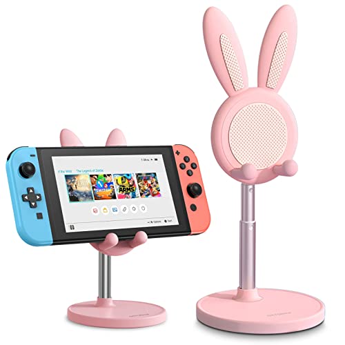 OATSBASF Switch Ständer für Nintendo, Verstellbarer Cute Bunny Telefonständer für Schreibtisch, Kawaii Telefonhalter Ständer, Kompatibel mit Alle Handys, iPhone, Kindle, iPad, Switch, Tablets (Rosa) von OATSBASF