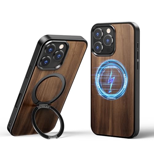 OATSBASF für iPhone 16 Pro Max 17.5 cm Magnetische Holzhülle, Stoßfeste Schutzhülle mit 360°-Ringständer, Echtholz-Overlay auf weichem schwarzem TPU, kompatibel mit iPhone 16 Pro Max 6,9 Zoll, Schwarz von OATSBASF