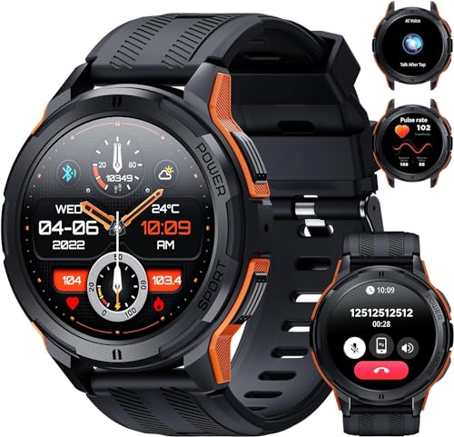 OBA Oukitel BT10 Smartwatch für Herren mit Bluetooth-Anrufen, 1,43 Zoll AMOLED Display, Akku 410 mAh, wasserdichte Uhr 5 ATM mit Herzfrequenzmesser, Schlafüberwachung für Android iOS, Orange, L von OBA