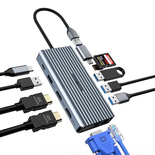 12 in 1 USB C Adapter, Dual Monitor USB C HUB, USB C Dockingstation mit 2 HDMI, VGA, 3 USB 3.0, USB 2.0, Ethernet, 100 W PD, Audio, SD/TF Kartenleser Anschlüssen für Laptop und mehr von OBERSTER