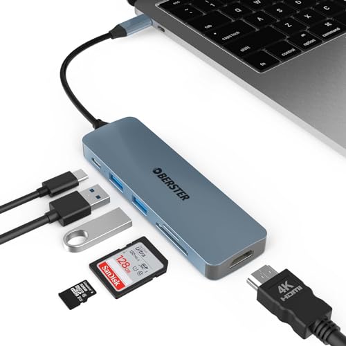 4K HDMI USB C Hub Adapter, 6 in 1 Typ C Adapter mit 100W PD, 2 USB 3.0 5 Gbps, SD/TF Kartenleser, Aluminium, Kompatibel für MacBook Pro/Air, Surface Pro von OBERSTER