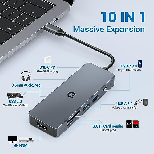 OBERSTER USB C Hub, 10 in 1 Dockingstation mit HDMI 4K, USB C 3.0, PD 100W, 2 USB 3.0, 2 USB 2.0, SD/TF-Kartenleser, Audio/Mikrofon Kompatibel für Mac, Surface Pro von OBERSTER