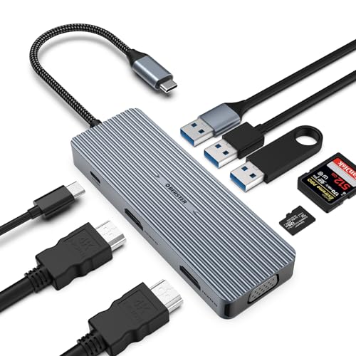 OBERSTER USB-C-Hub, 9-in-1 Dreifach-Display-USB-C-Adapter von 2 x HDMI/VGA, Mac Pro/Air, 5 Gbit/s, schnelle Dockingstation für Dell, Surface, HP, Lenovo und Typ-C-Geräte (SD/TF+USB A 3.0/2.0 + von OBERSTER